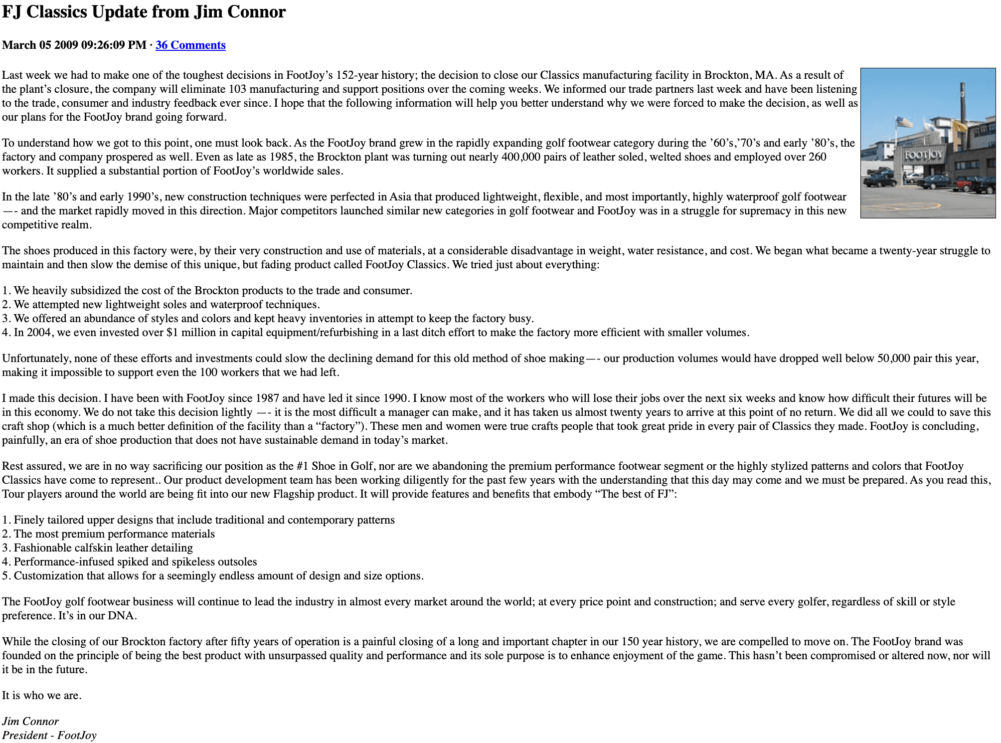 Screenshot of Jim Connor's 5 March 2009 post on the FootJoy blog announcing the closure of the Brockton factory. The full text is available at the archived link in the caption.