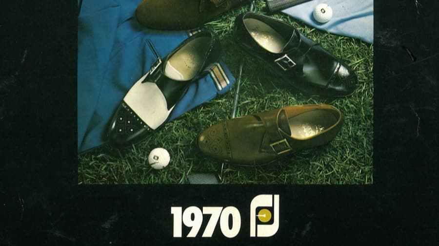 Front cover of the 1970 Foot-Joy catalog: six monk-strap shoes in white, black, suede and brown arranged on grass with golf balls.