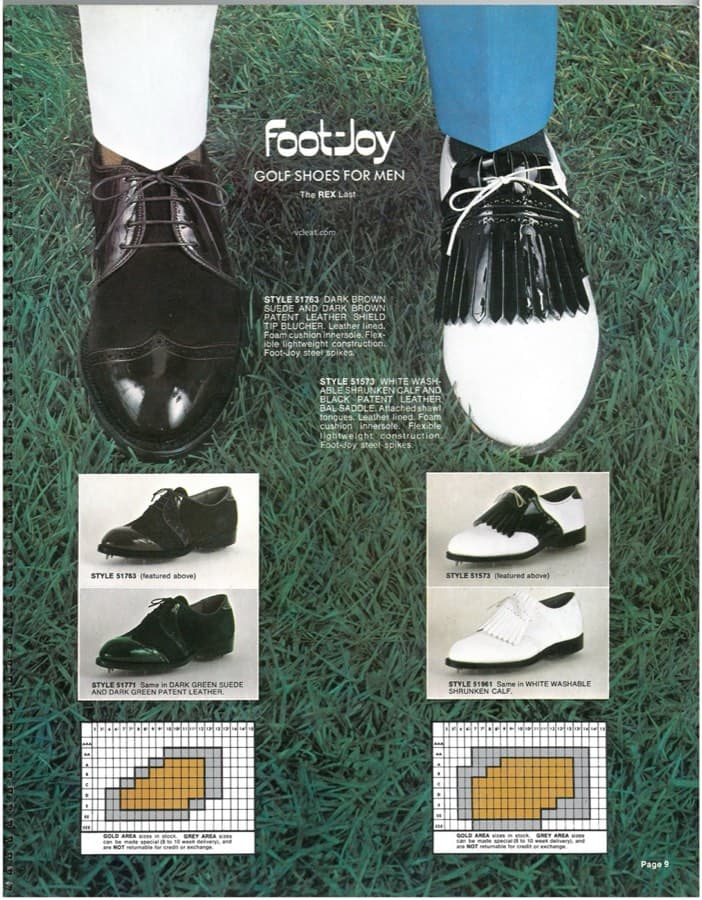 Featured Rex-last golf shoes: dark brown suede and patent shield tip blucher, black patent kiltie saddle, with dark green suede and all-white variants.