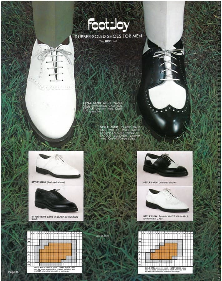 Rubber soled, spikeless saddle oxfords and wingtips with Cush-N-Crepe soles on the Rex last, in white and black-and-white.
