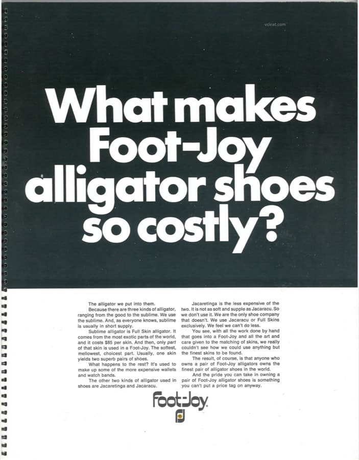 “What makes Foot-Joy alligator shoes so costly?” — text page on the company's exclusive use of Full Skin and Jacaracu alligator at $85 per skin.