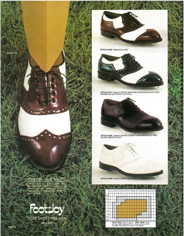Four spiked saddle golf shoes on the Rex last in congo red, border blue and black cherry patent with white washable shrunken calf, plus an all-white model.