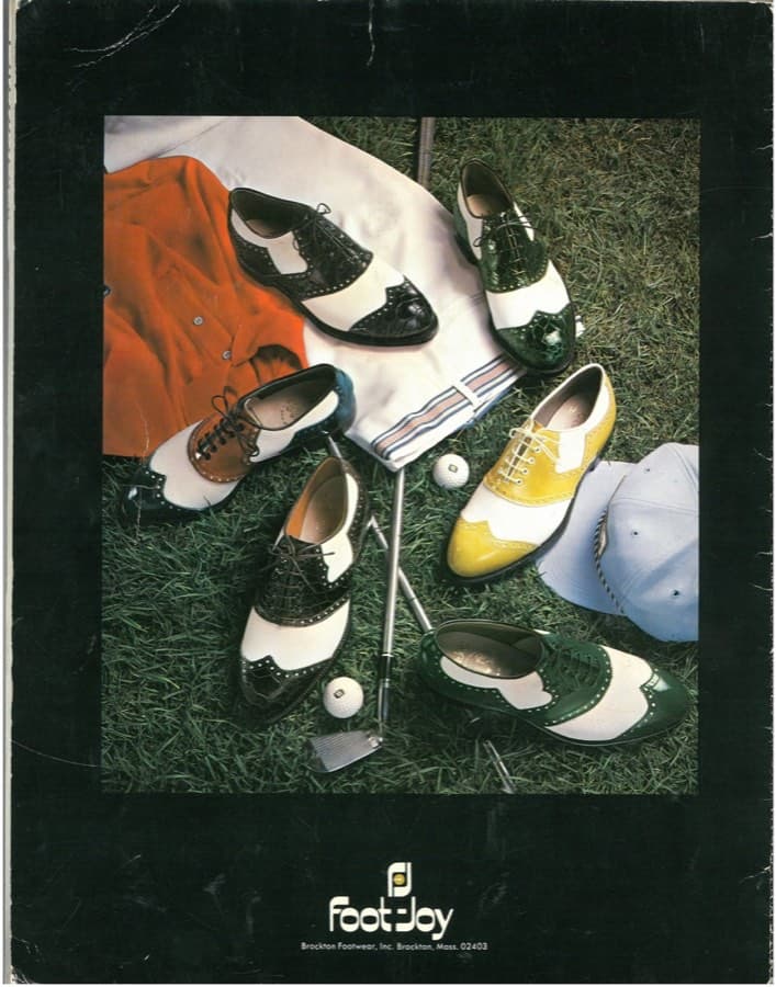 Back cover: six two-tone Foot-Joy saddle golf shoes arranged on grass with clubs, balls and a cap, above the Brockton, Mass. address.