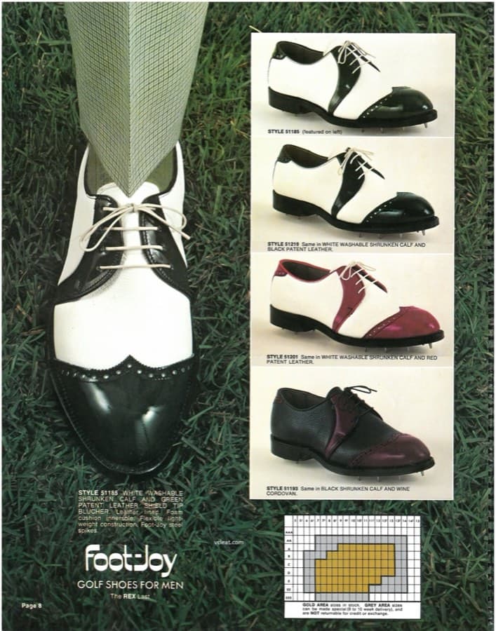 Shield tip bluchers in green, black and red patent with white washable shrunken calf, plus a black and wine cordovan version, on the Rex last.