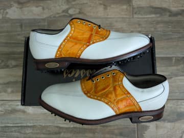 FootJoy style 50669: Smooth White/Orange/Tan Croc saddle, Shield tip