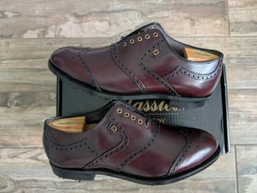 FootJoy style 51425: Spiked saddle, colored patent with white shrunken calf. Smooth Burgundy wingtips