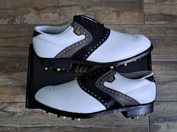 FootJoy style 51912: Monk strap golf shoe, steel spikes. Smooth White/Black/Grey saddle