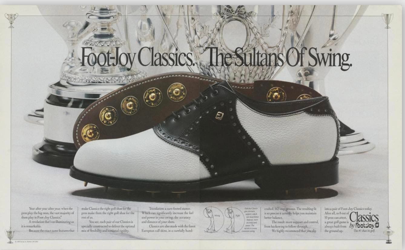 Two-page Foot-Joy Classics advertisement headed “The Sultans Of Swing”, showing a black and white saddle shoe and its spiked sole in front of trophies